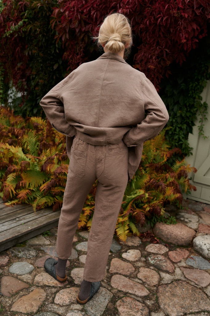 Heavy linen tapered linen pants  and jacket outfit in brown color