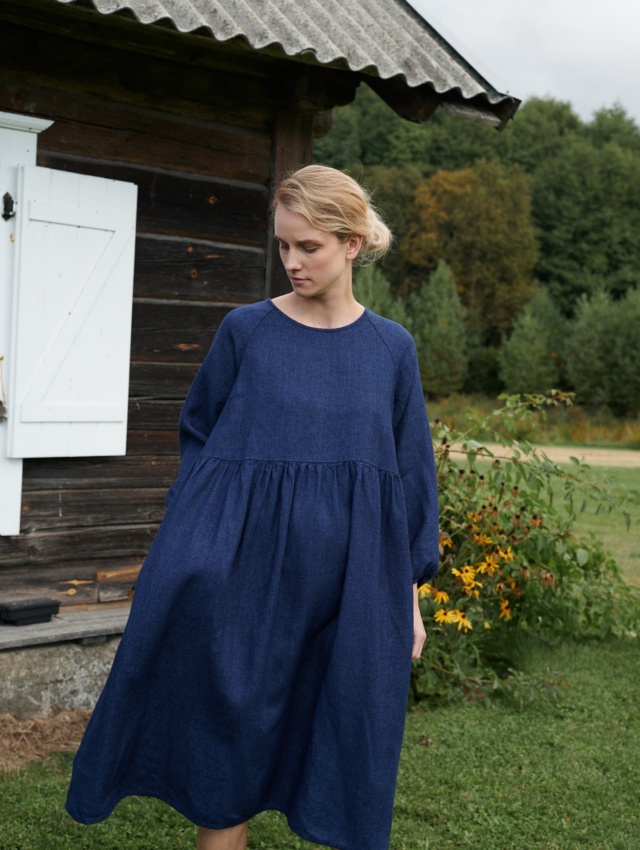 Navy Blue Linen Wool Blend Dress Oversized Linen Dress, Linen Smock Dress, Long Sleeve Linen Dress