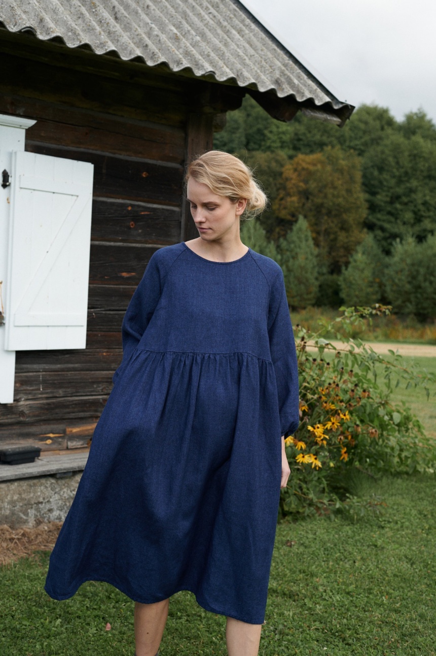 Navy Blue Linen Wool Blend Dress Oversized Linen Dress, Linen Smock Dress, Long Sleeve Linen Dress