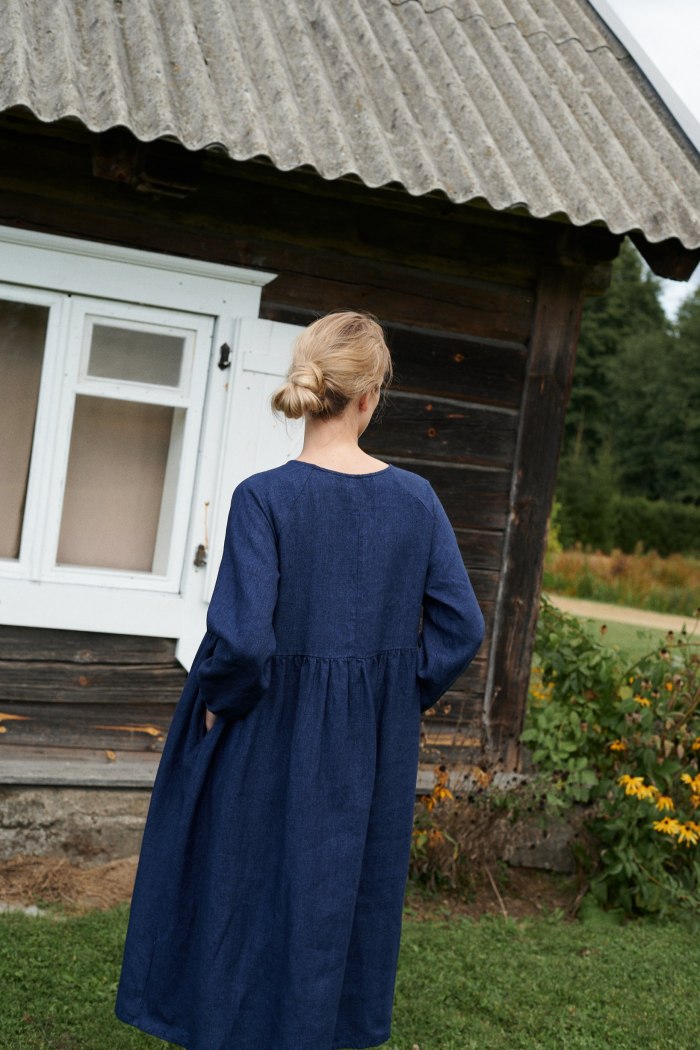 The back of navy blue wool linen oversized dress