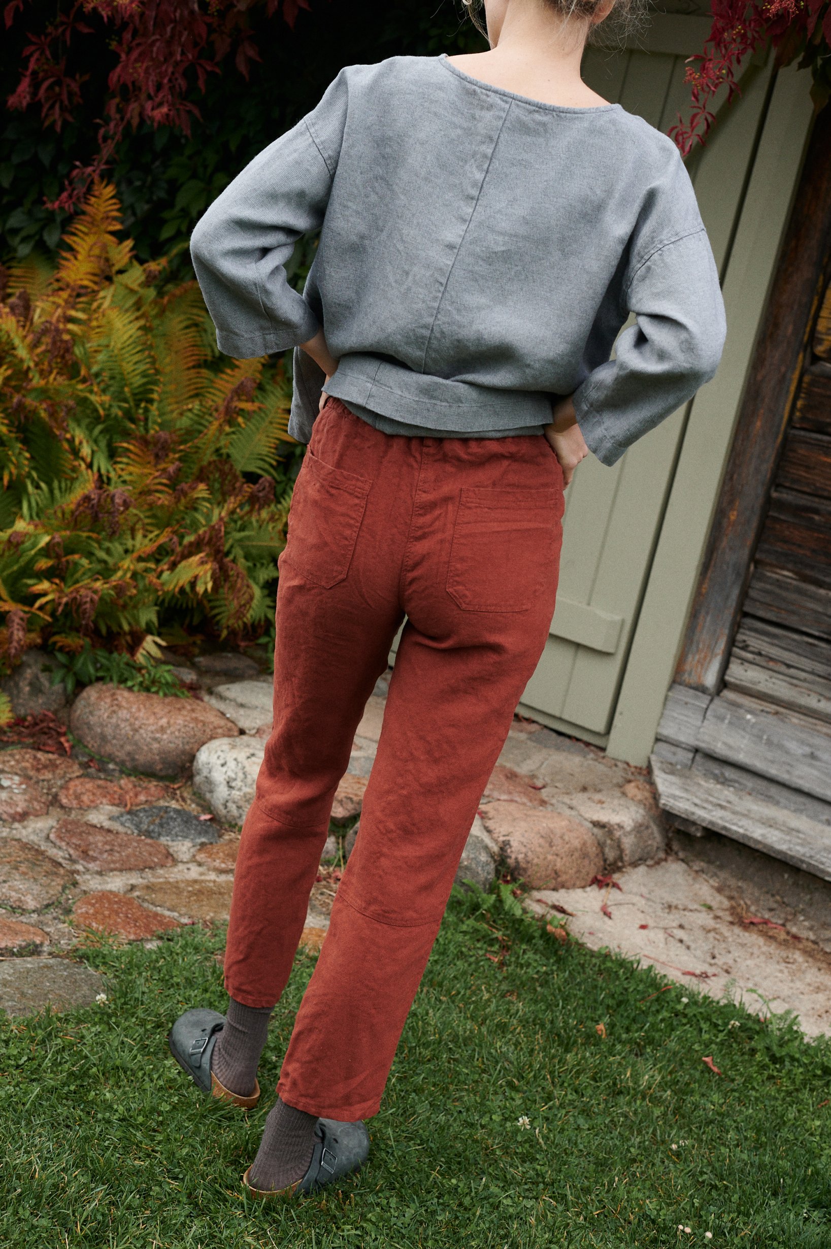 The back of brown heavy linen trousers