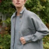 Linenfox model in grey linen wool blend button down