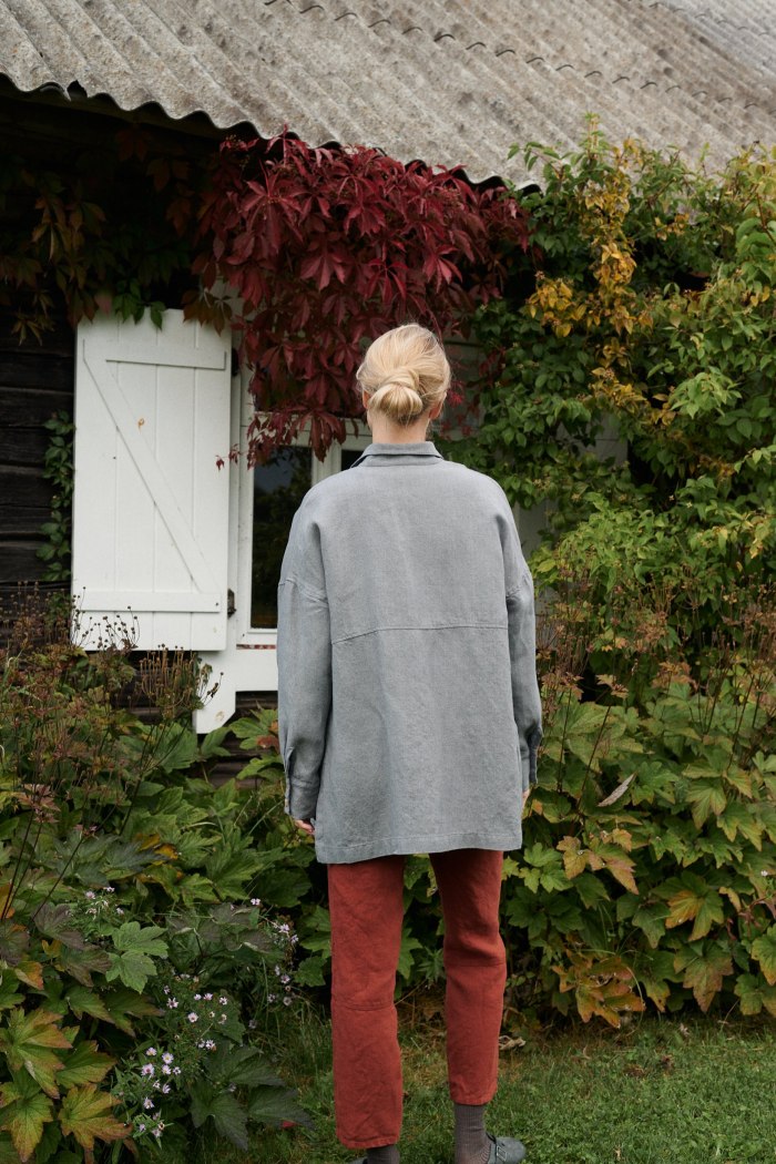 The back of oversized linen wool blend button down