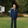 Blue heavy linen jacket paired with grey cropped linen trousers set