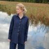 Linenfox model wearing navy blue linen wool blend shirt
