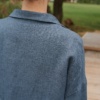 The back of blue wool blend linen shirt with a collar