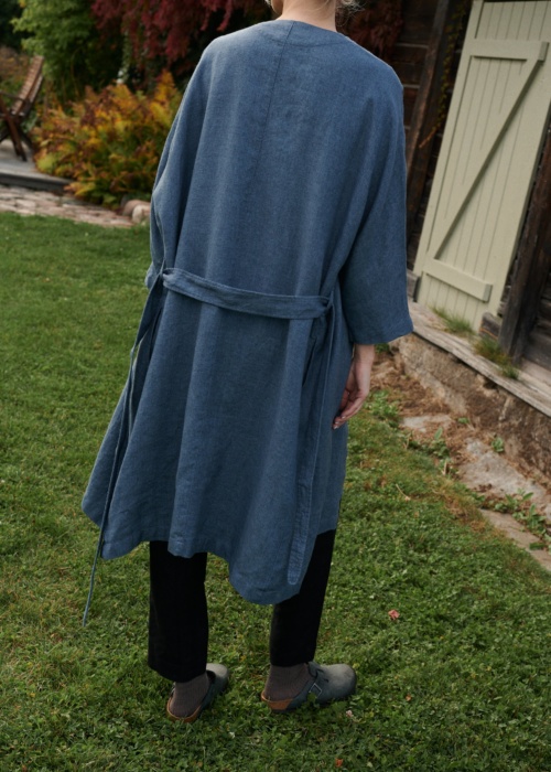 Back of a blue linen wool blend oversized jacket