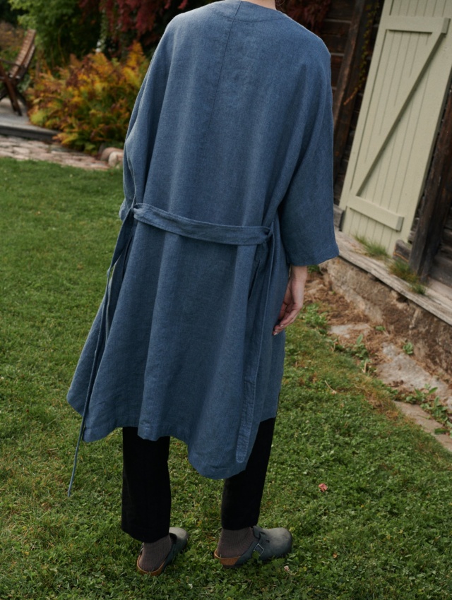 Back of a blue linen wool blend oversized jacket