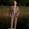 Unbuttoned brown heavy linen utility jacket and matching trousers