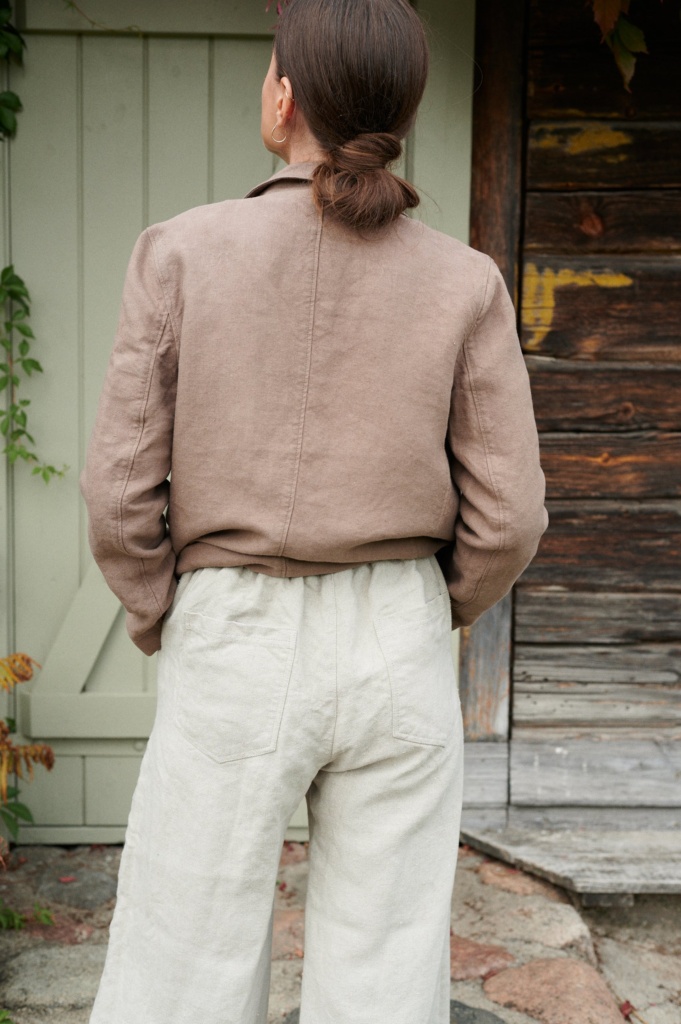 The back of heavy linen natural grey wide leg pants