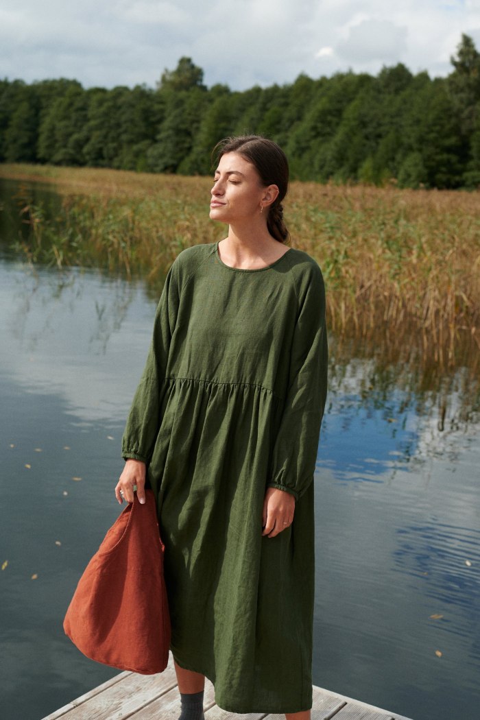 Women wearing green oversized linen dress