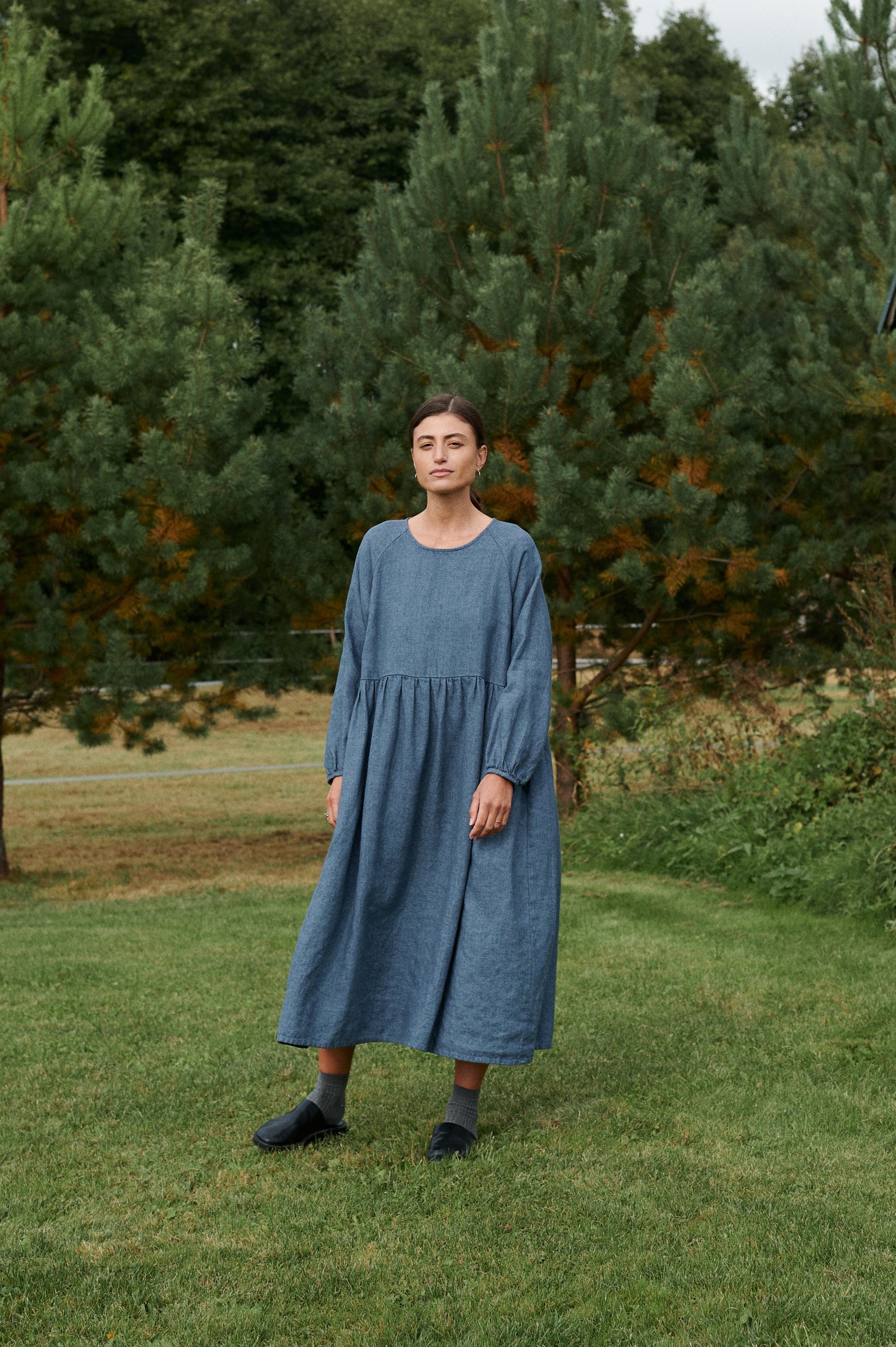 Wool linen blend dress on a model