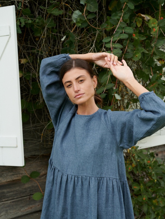 Linenfox model in a long sleeve wool linen dress