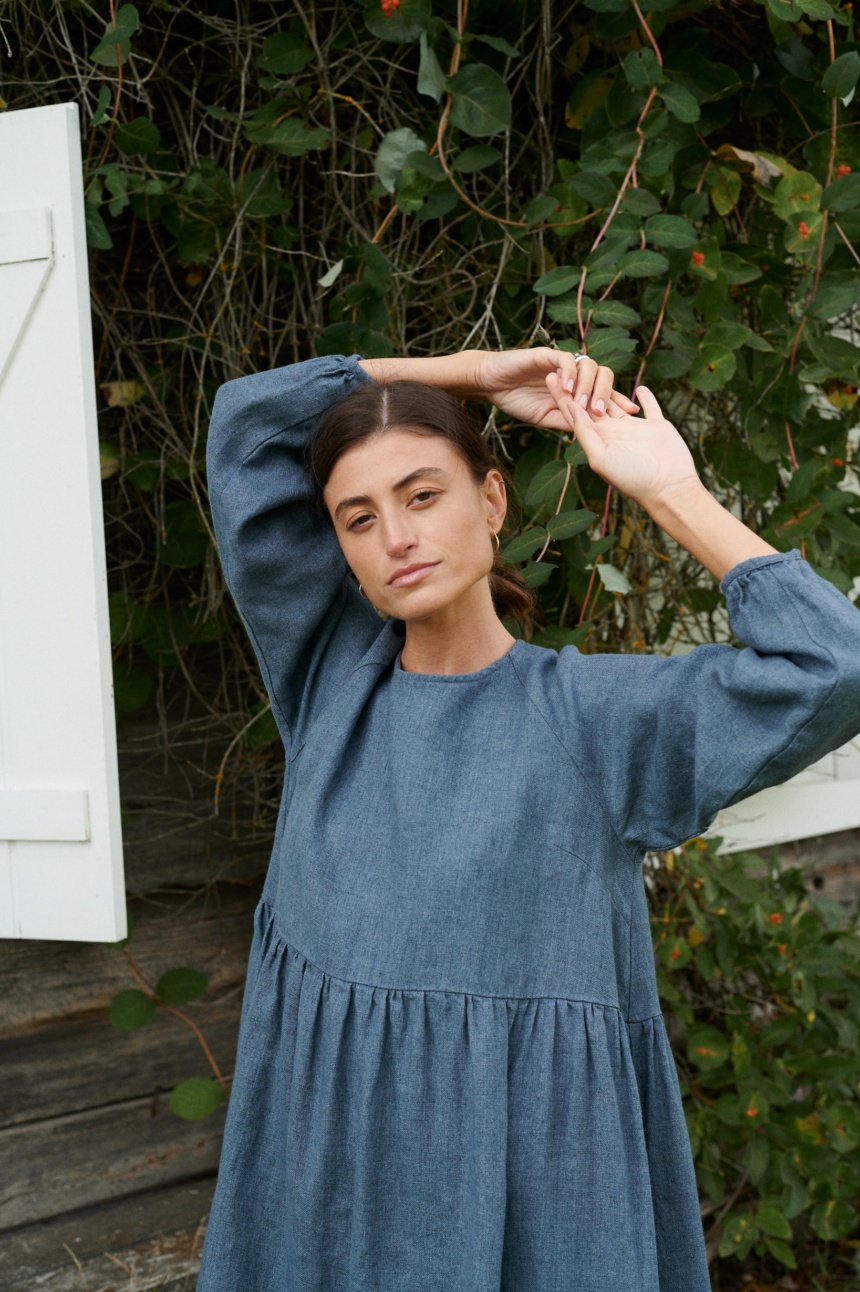 Linenfox model in a long sleeve wool linen dress