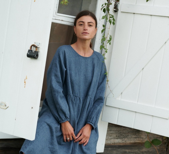 A model in wool linen blend oversized dress