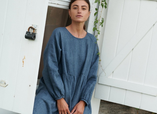 A model in wool linen blend oversized dress
