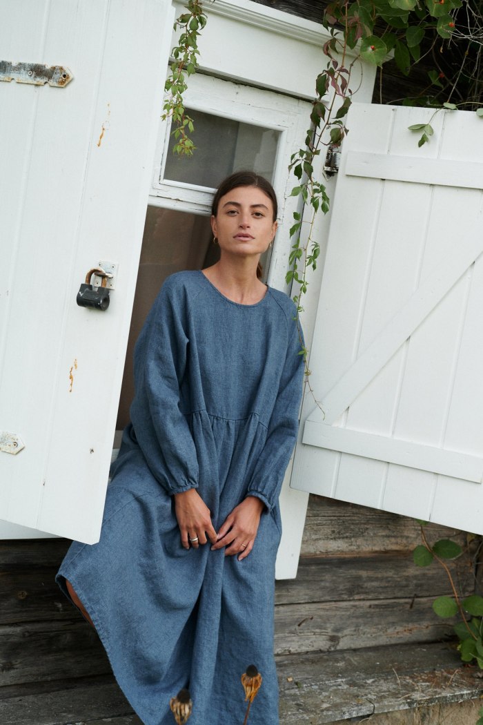 A model in wool linen blend oversized dress