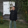 Relaxed fit black heavy linen utility jacket and green linen trousers outfit