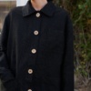 Front details of a linen utility jacket with three patch pockets and wooden buttons