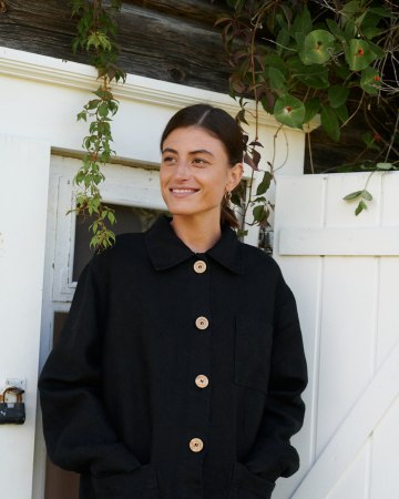 Relaxed fit black heavy linen utility jacket with wooden buttons and pockets