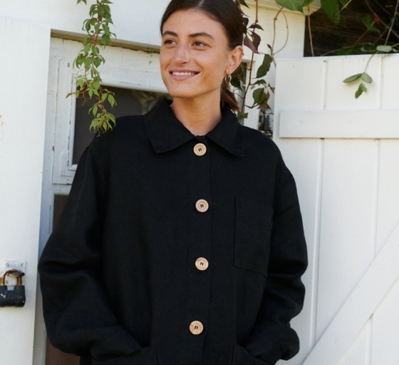Relaxed fit black heavy linen utility jacket with wooden buttons and pockets