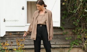 Cacao top and black linen pants set