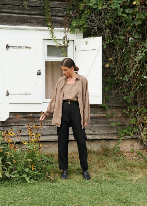 Cacao top and black linen pants set