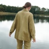 Back of a relaxed fit heavy linen utility jacket