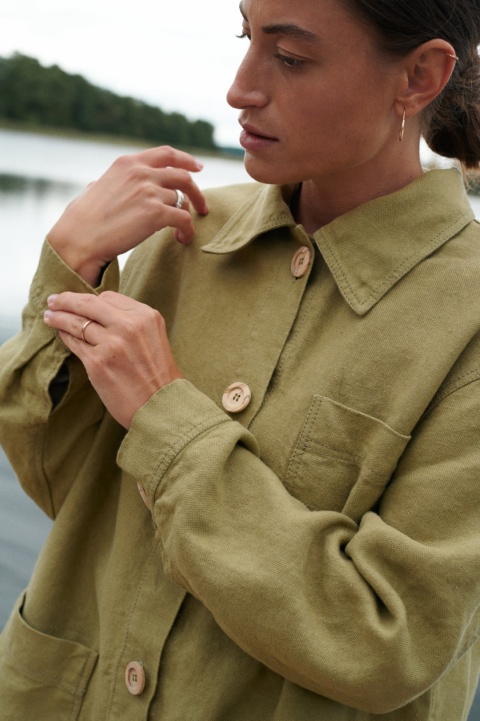 Olive linen utility jacket details of collar, cuffs and buttons