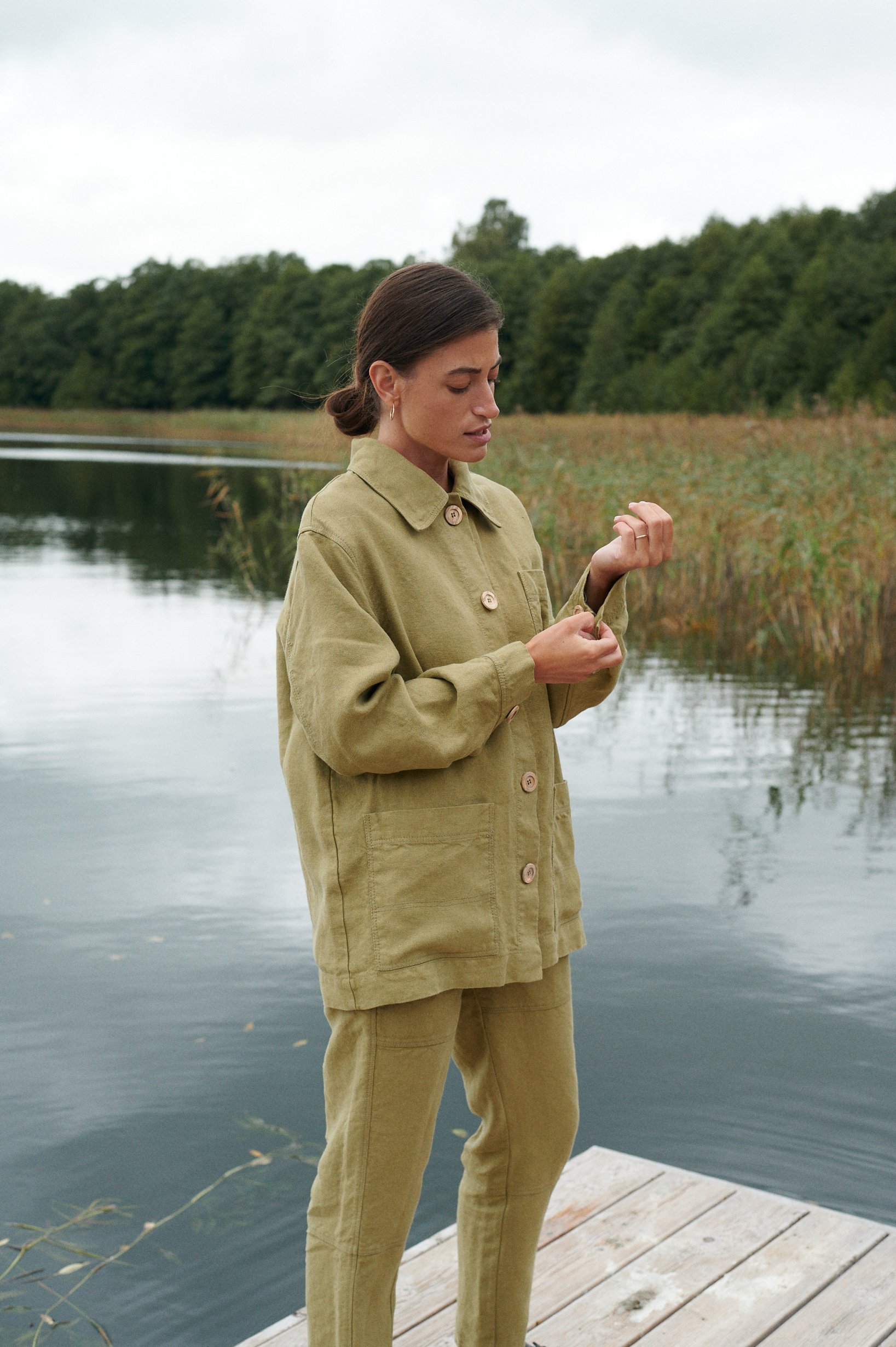 Relaxed fit heavy linen olive utility jacket and trousers outfit