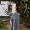 The back of oversized grey linen wool dress