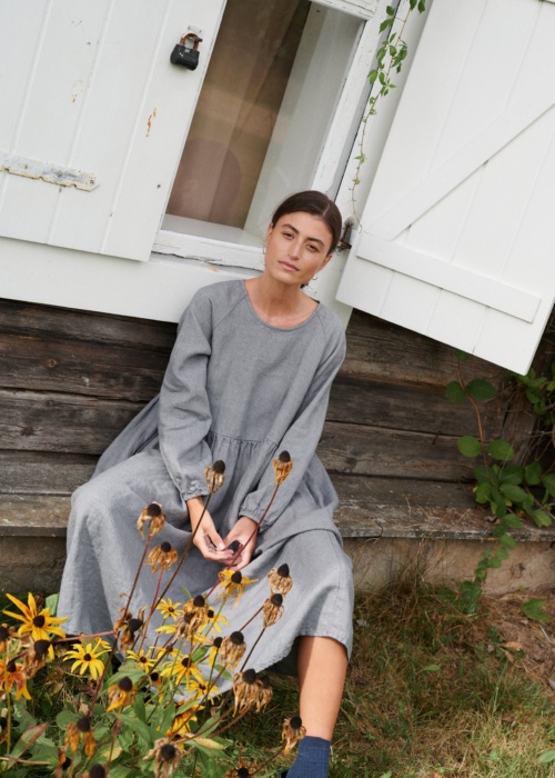 A model wearing oversized linen dress in grey linen wool blend
