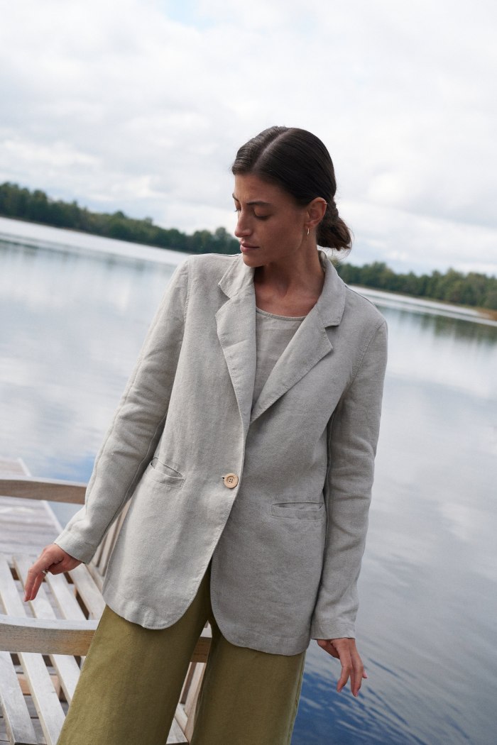 Relaxed fit single button natural linen blazer with pockets