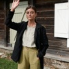 Heave linen blazer in black paired with olive linen pants