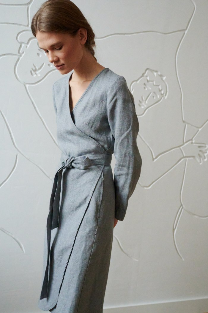 wrap linen wool dress in grey