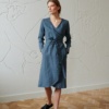 Blue wrap linen wool blend dress
