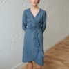 Wrap linen dress in blue linen wool blend