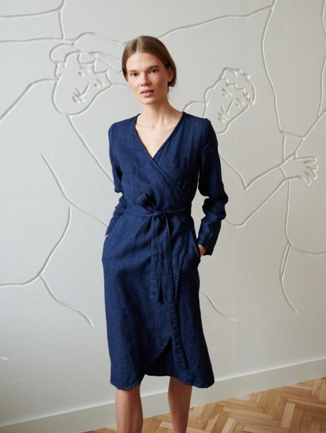 Long wrap linen dress in blue wool