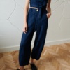 tapered and cropped leg dark blue waffle linen pants