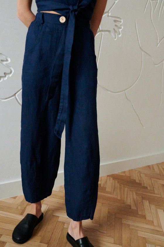 barrel leg linen navy blue pants