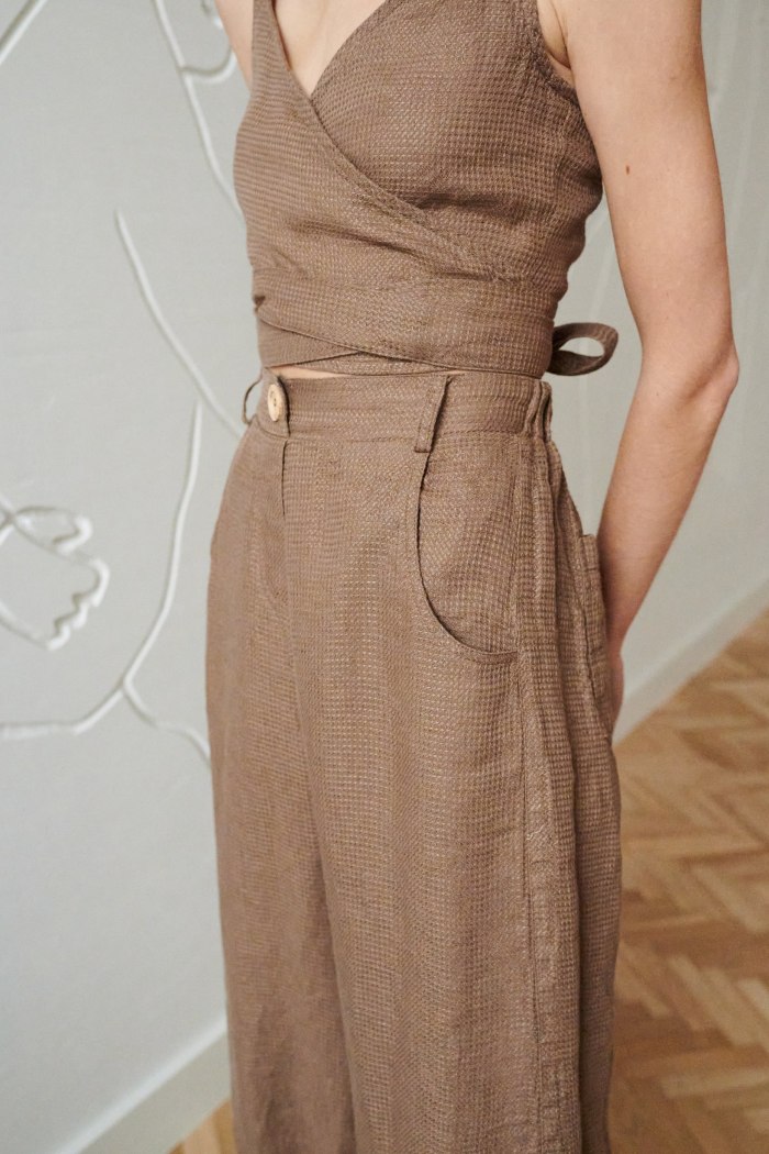 waffle linen wide leg pant with scoop pockets