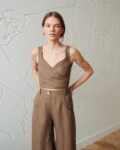 light brown waffle linen sleeveless wrap top