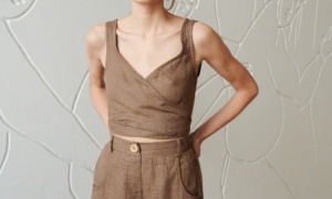 light brown waffle linen sleeveless wrap top