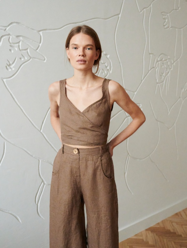 light brown waffle linen sleeveless wrap top