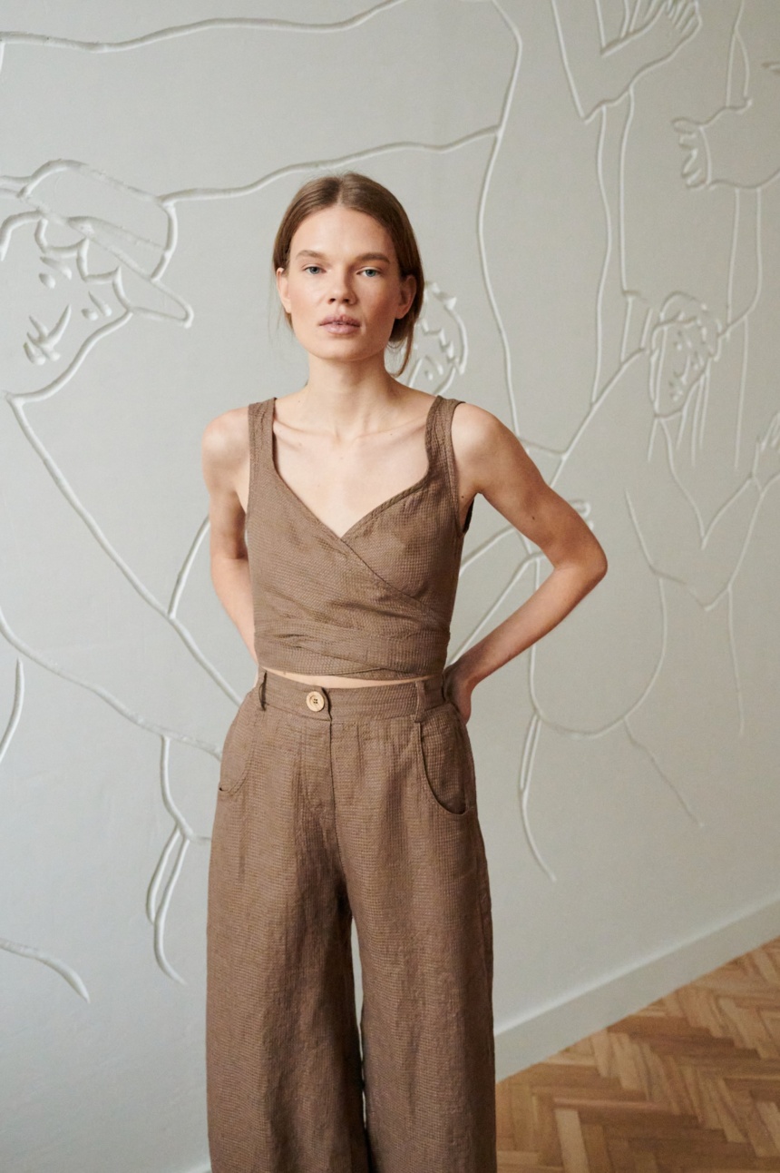 light brown waffle linen sleeveless wrap top