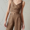 linen brown pants with imitation button and scoop pockets