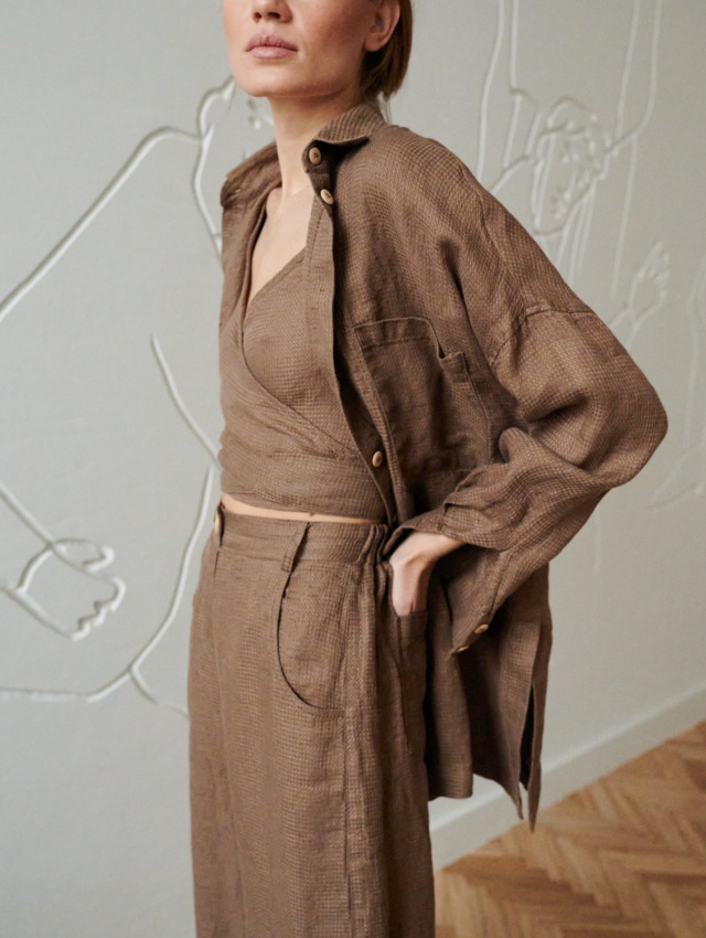 oversized waffle linen shirt with chest pockets