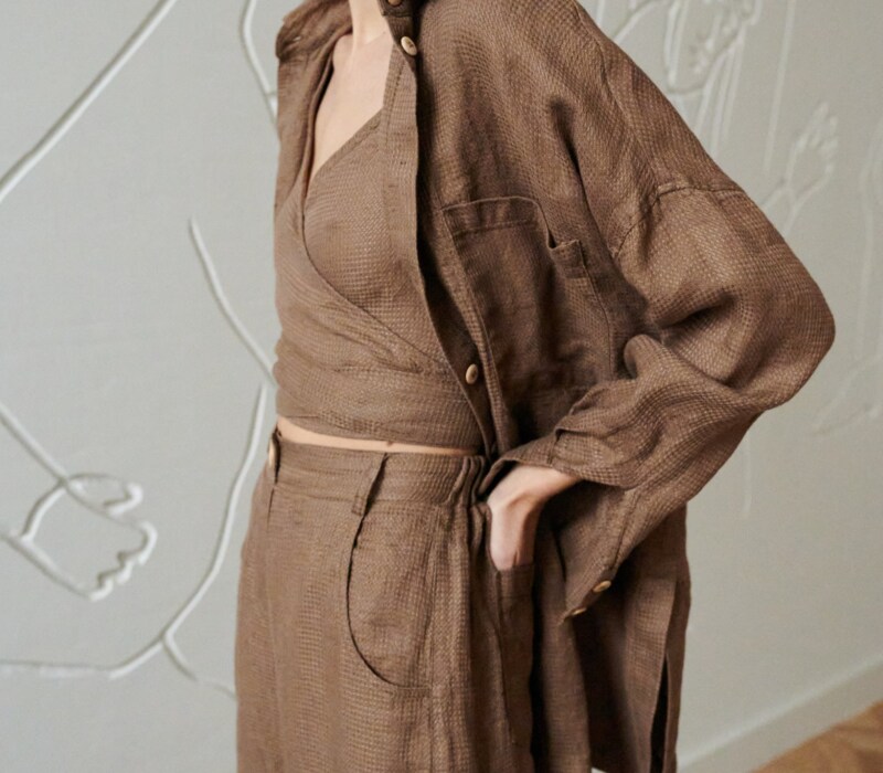 oversized waffle linen shirt with chest pockets