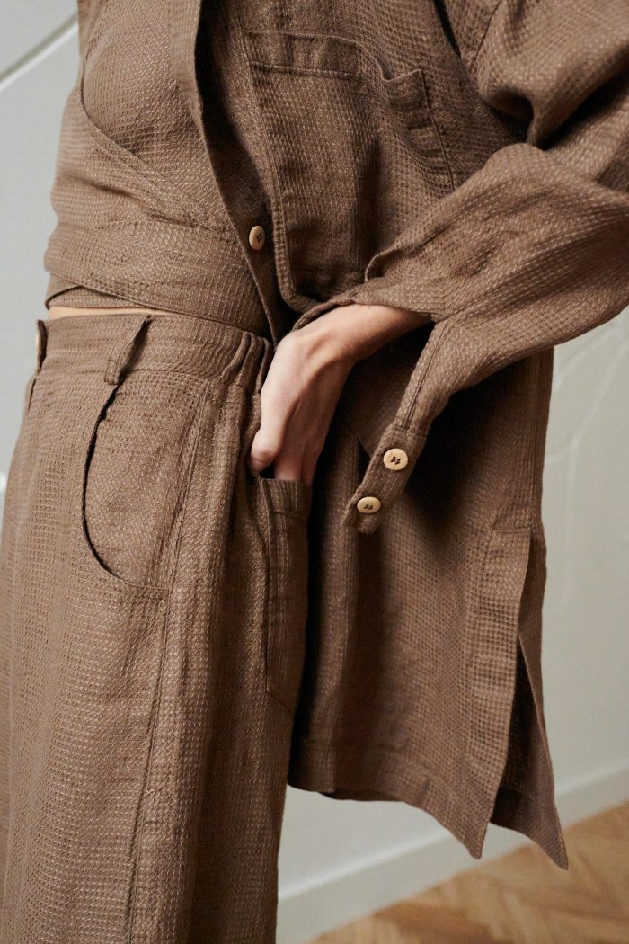 brown waffle linen pants with scoop pockets