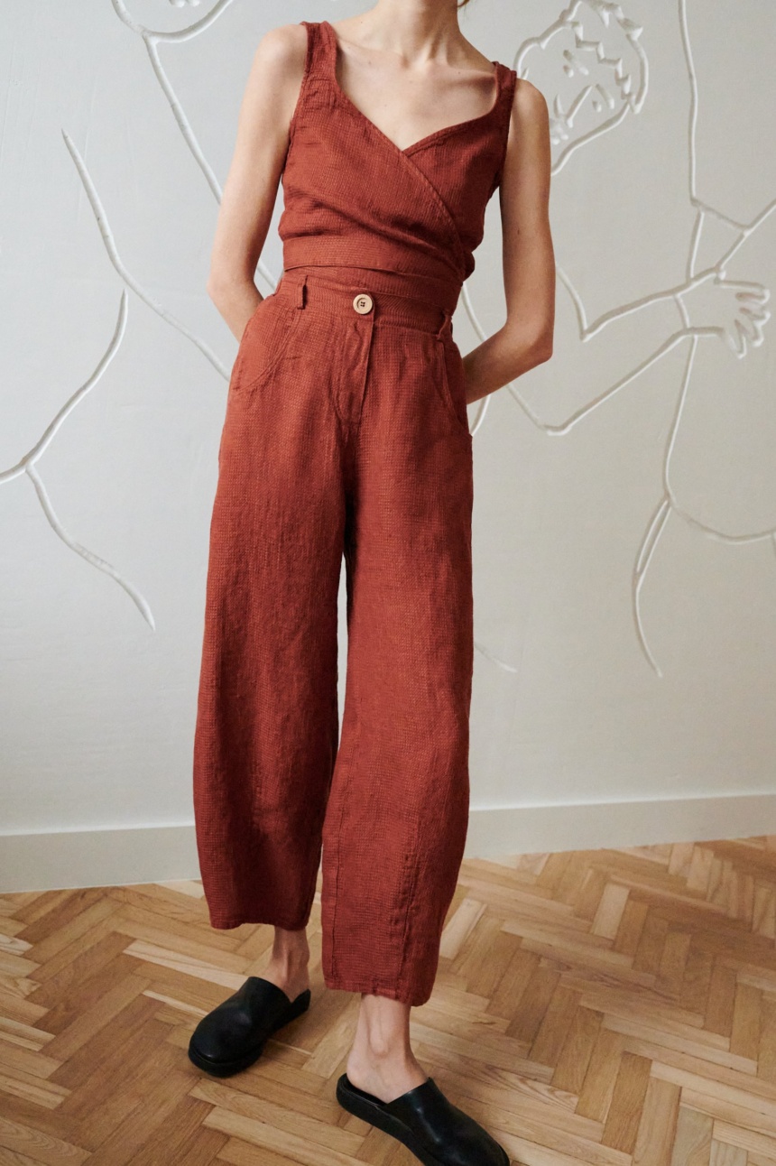 barrel wide leg pants in terracotta waffle linen